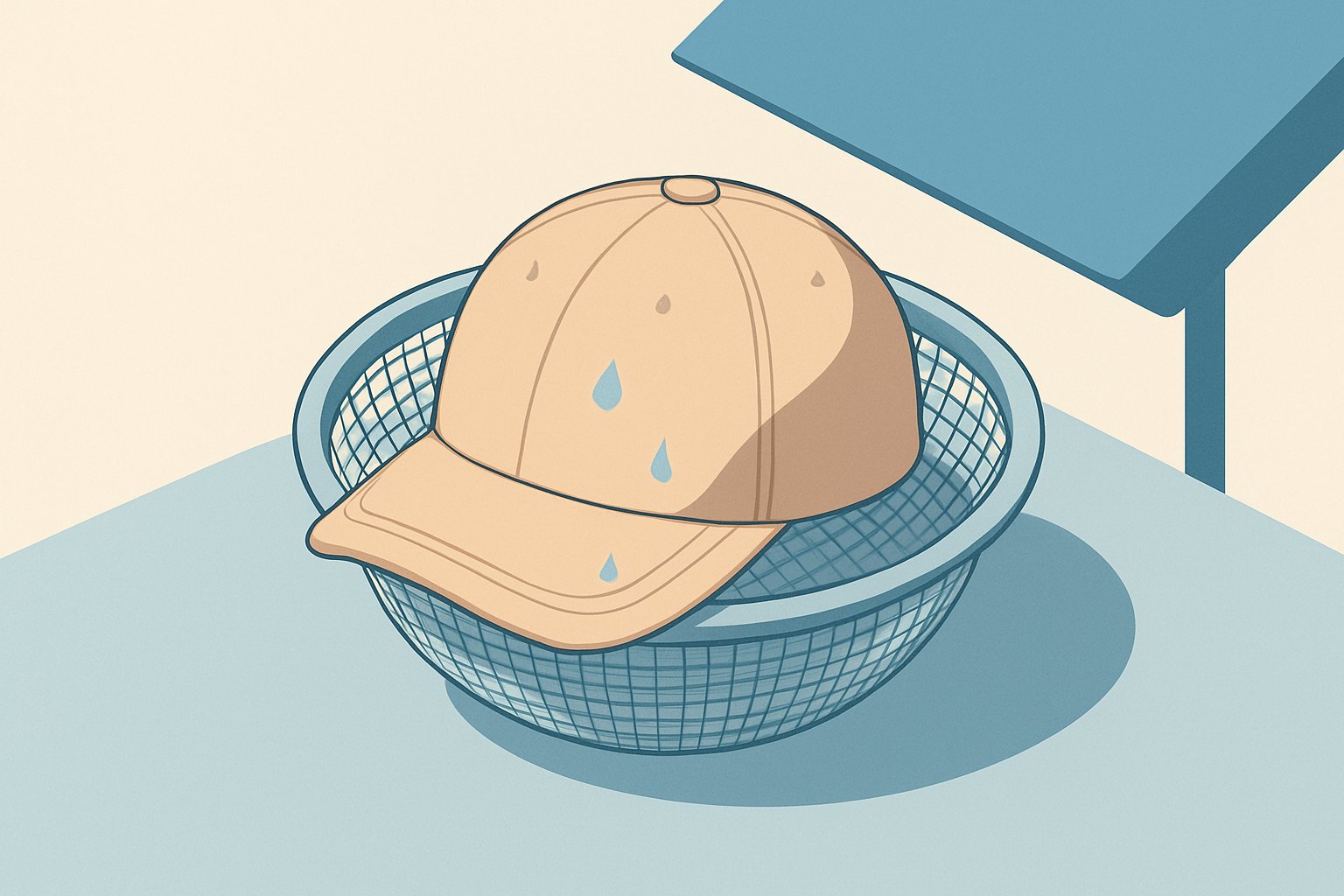 洗い終わったキャップをざるにかぶせ、風通しのよい日陰に置いて乾かしているイメージ