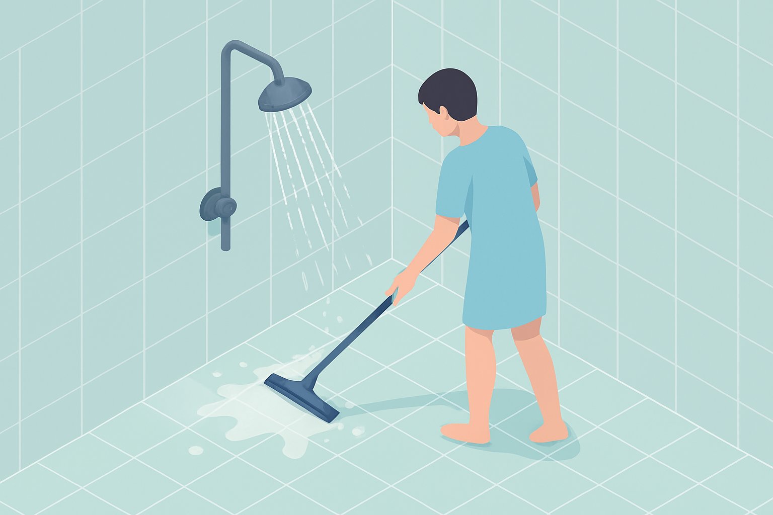 入浴後に浴室の壁と床へシャワーをかけ、スクイージーで水気を切っているイメージ
