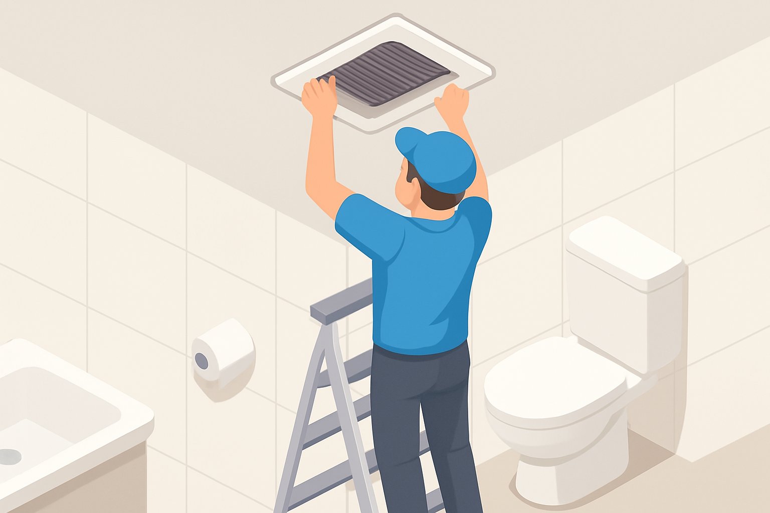 トイレの天井にある四角い換気扇カバーを、脚立に乗った人が両手で支えながら少し下へ引き出しているイメージ
