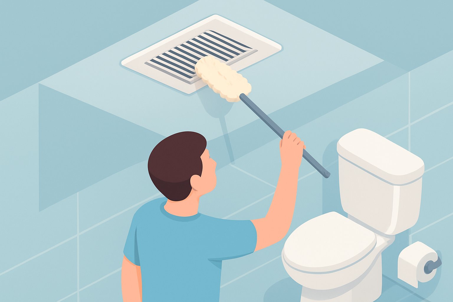 柄の長いハンディモップで、トイレの天井の換気扇カバーの表面をなでるように掃除しているイメージ