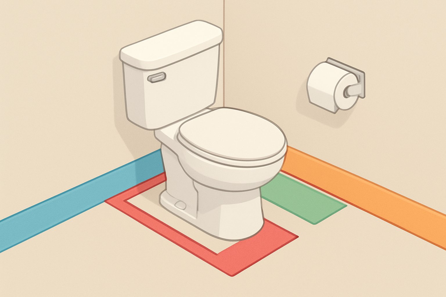 トイレの便器の左右と後ろの壁の低い位置、巾木、ペーパーホルダーのまわりに、汚れやすい範囲を色分けで示したイメージ