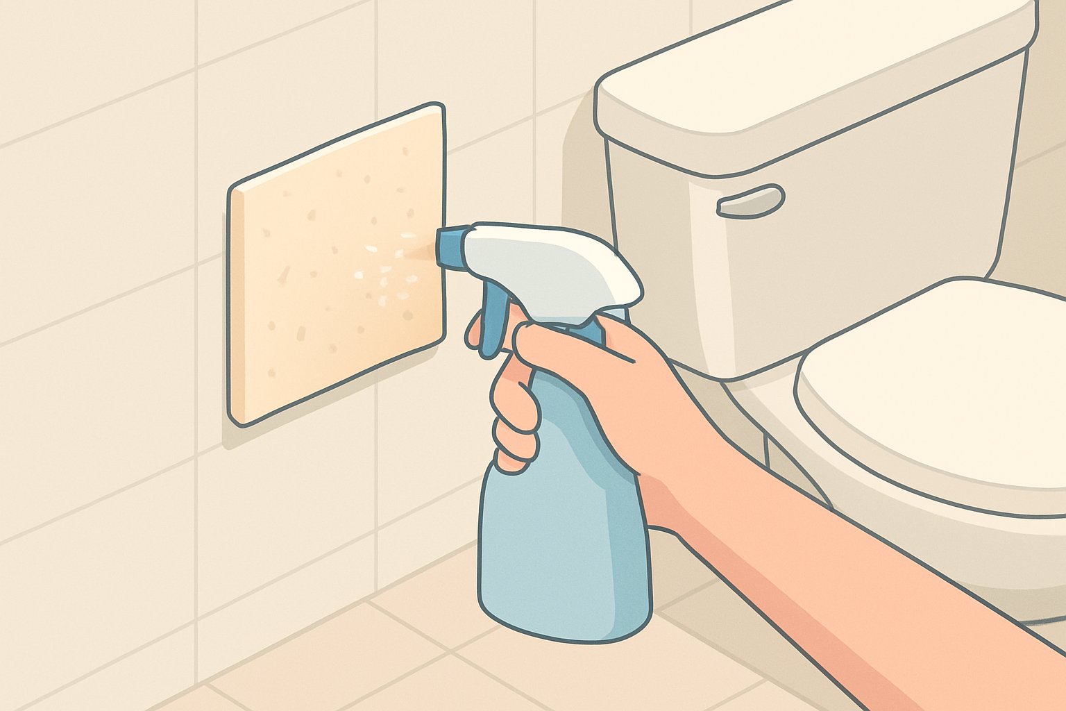 トイレの便器横の壁の低い位置に、クエン酸スプレーで湿らせたキッチンペーパーを貼ってパックしている手元のイメージ