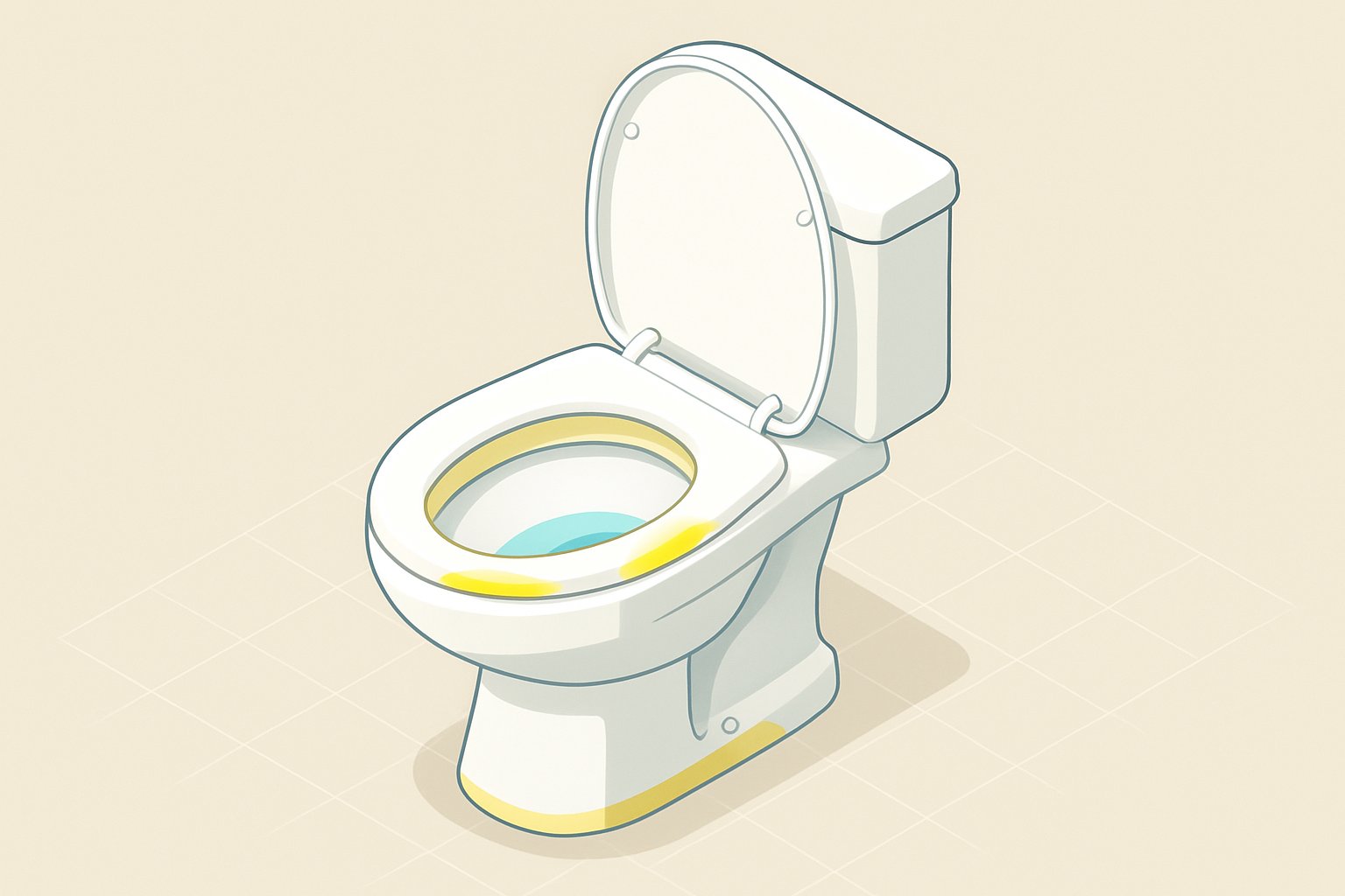 トイレの便器のフチの裏、水たまりの水面の線、便座の裏のクッションゴムなど、黄ばみが出やすい場所を示したイメージ