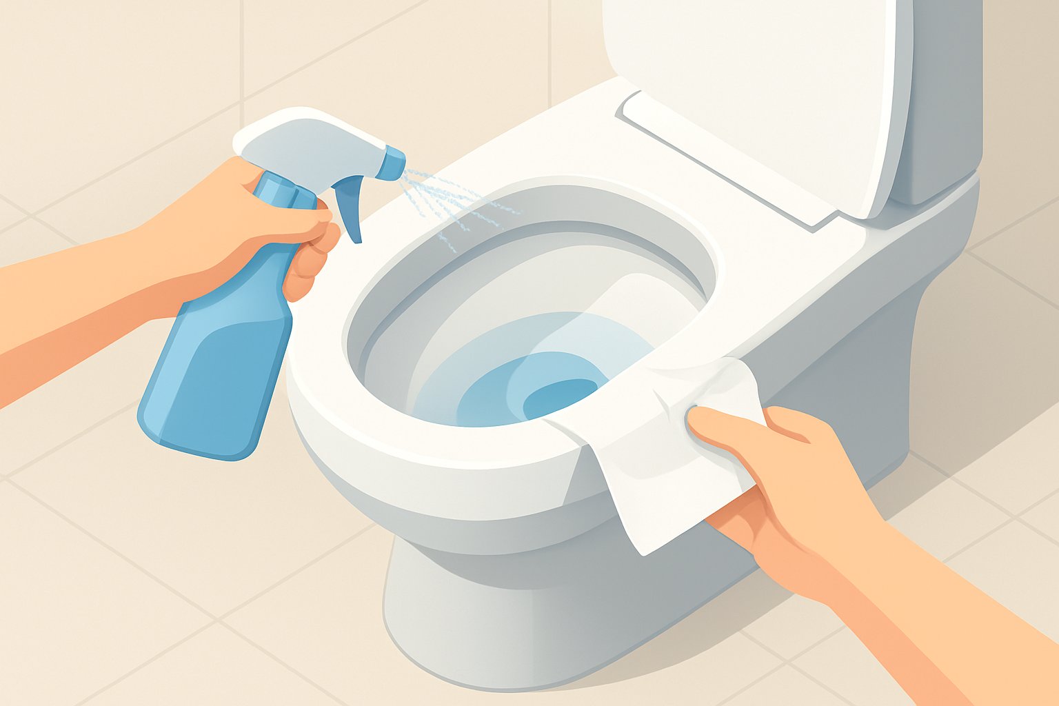 便器のフチの裏や水面の線にトイレットペーパーを貼り、スプレーボトルでクエン酸水を吹きかけているイメージ